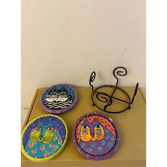 Laurel Burch 3 Coasters Cats defect on 1 purple green colors - Picture 3 of 5